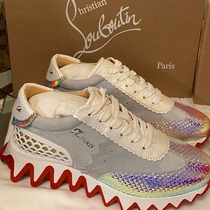 Loubishark Donna Iridescent Suede Red Sole Runner Sneakers.